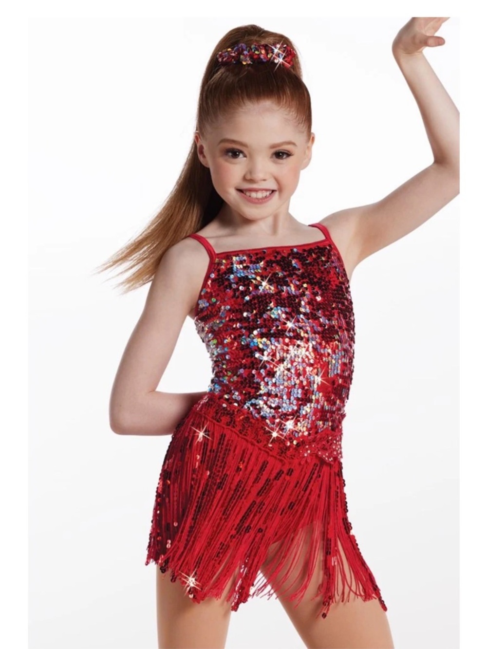Weissman Red Sequin Fringe Dance Costume with Matching scrunchie